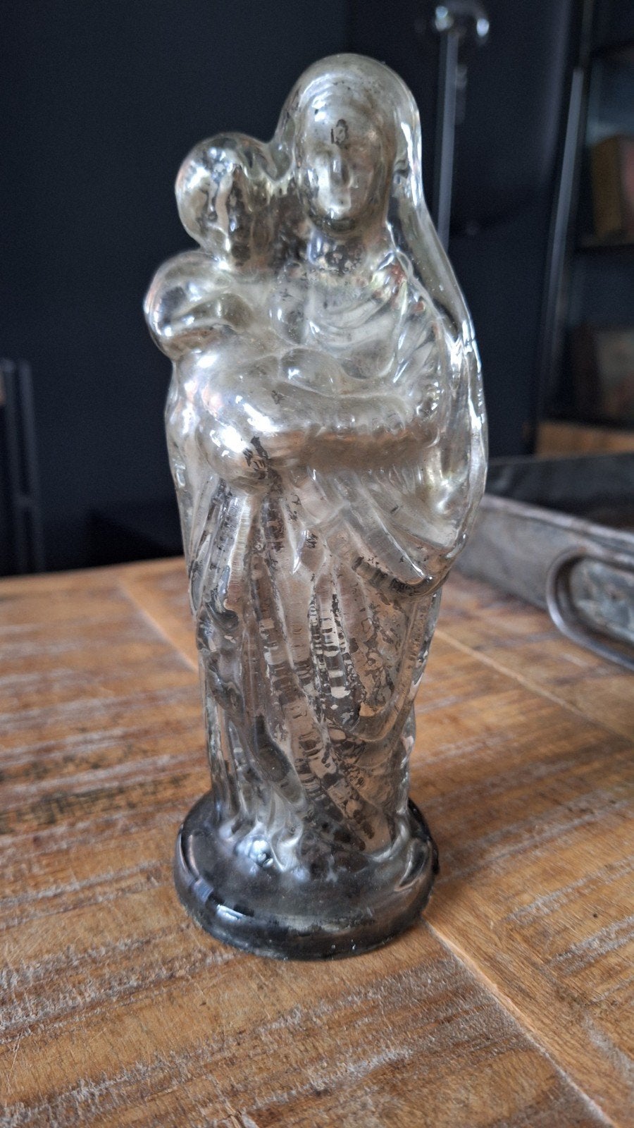 antieke arme lui zilver glazen beeld Maria met kind, Antiek en Kunst, Ophalen of Verzenden