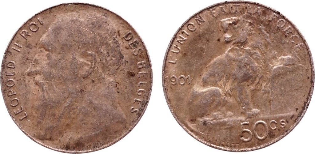 Belgie 50 centimes 1901 Leopold II zilver Franse tekst, Postzegels en Munten, Ophalen of Verzenden, Zilver, Losse munt, Zilver