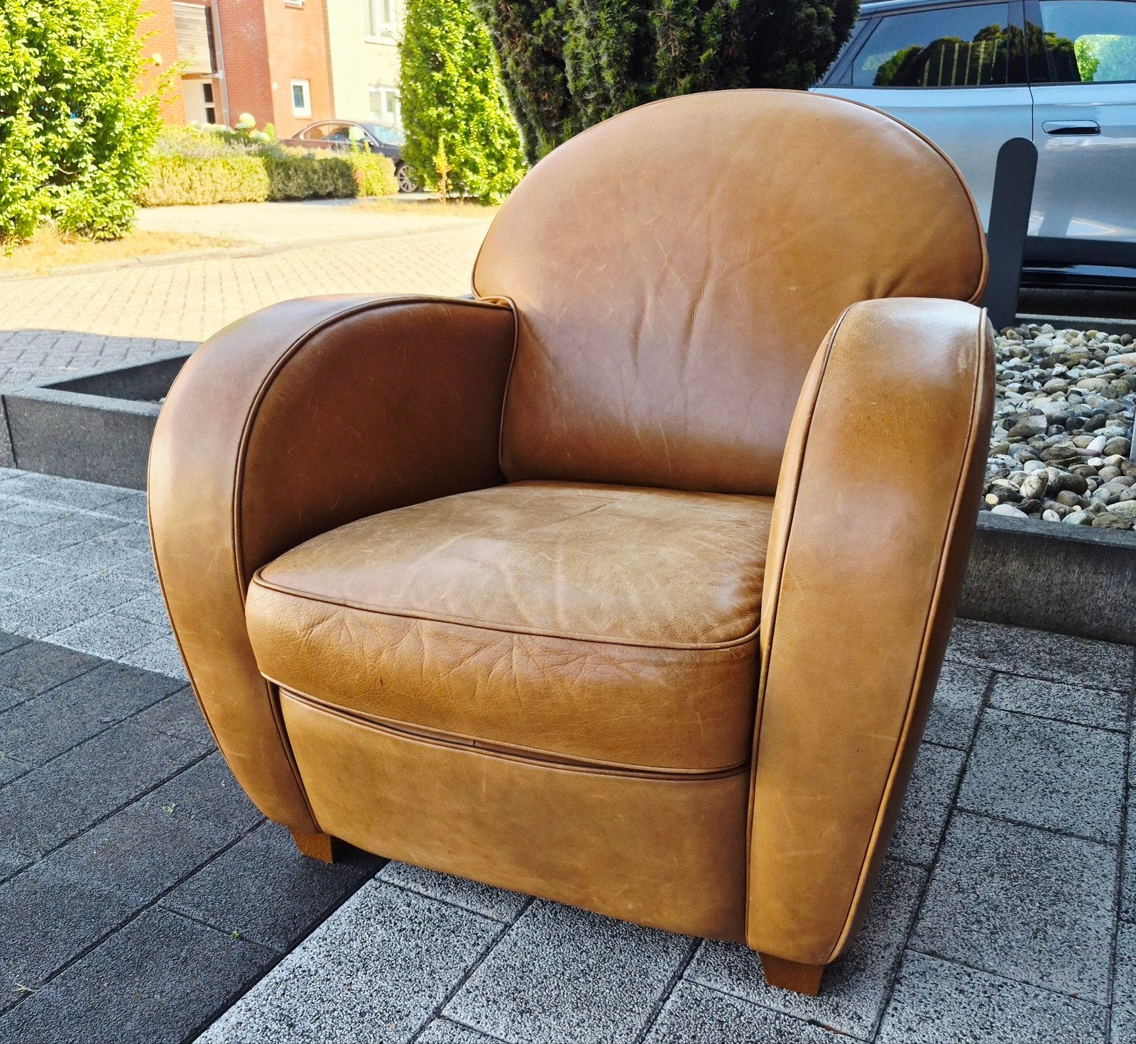 Robuuste, cognackleurige, lederen fauteuil, leren stoel, Ophalen, Gebruikt, 75 tot 100 cm, Leer