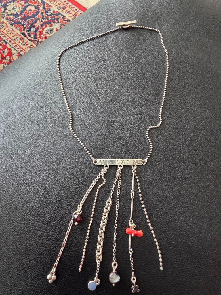Zilveren ketting met diverse hangers, Antiek en Kunst, Antiek | Goud en Zilver, Verzenden
