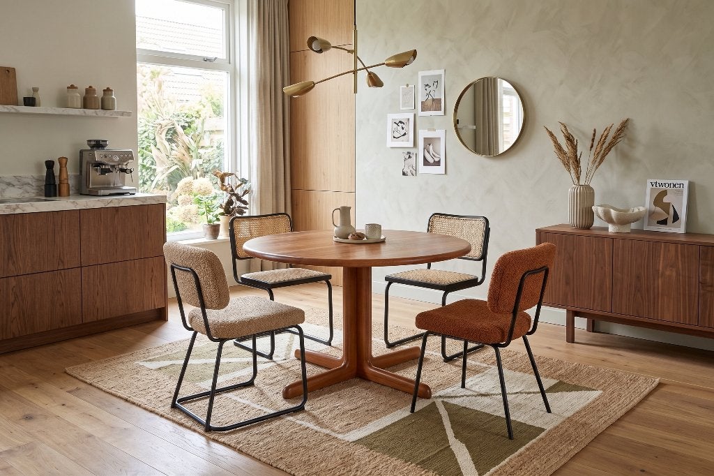 Deense Mid-Century ronde verlengbare eettafel van Gudme, Ophalen, 100 tot 150 cm, Zo goed als nieuw, Vijf personen of meer
