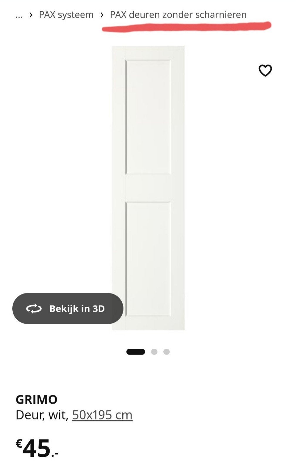 3x IKEA GRIMO PAX deur, wit, 50x195 cm, Ophalen, Minder dan 80 cm, Binnendeur, Nieuw