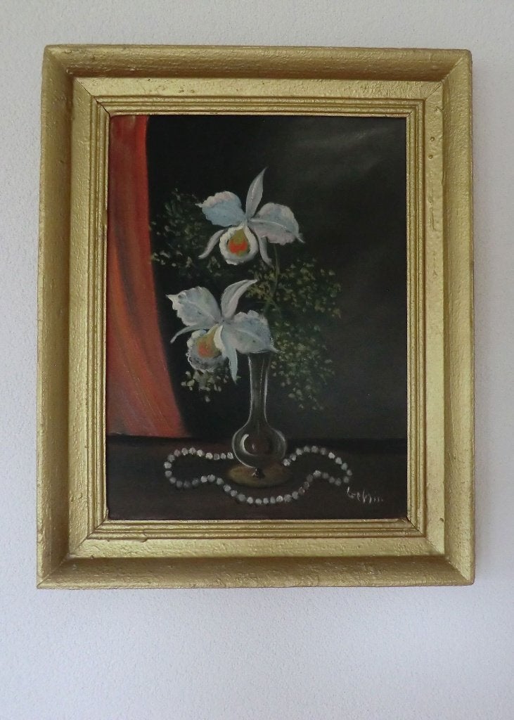 Schilderij Olieverf op doek met een vaas bloemen in gouden, Bloemen, Doek, Ophalen of Verzenden, Bijzondere lijst