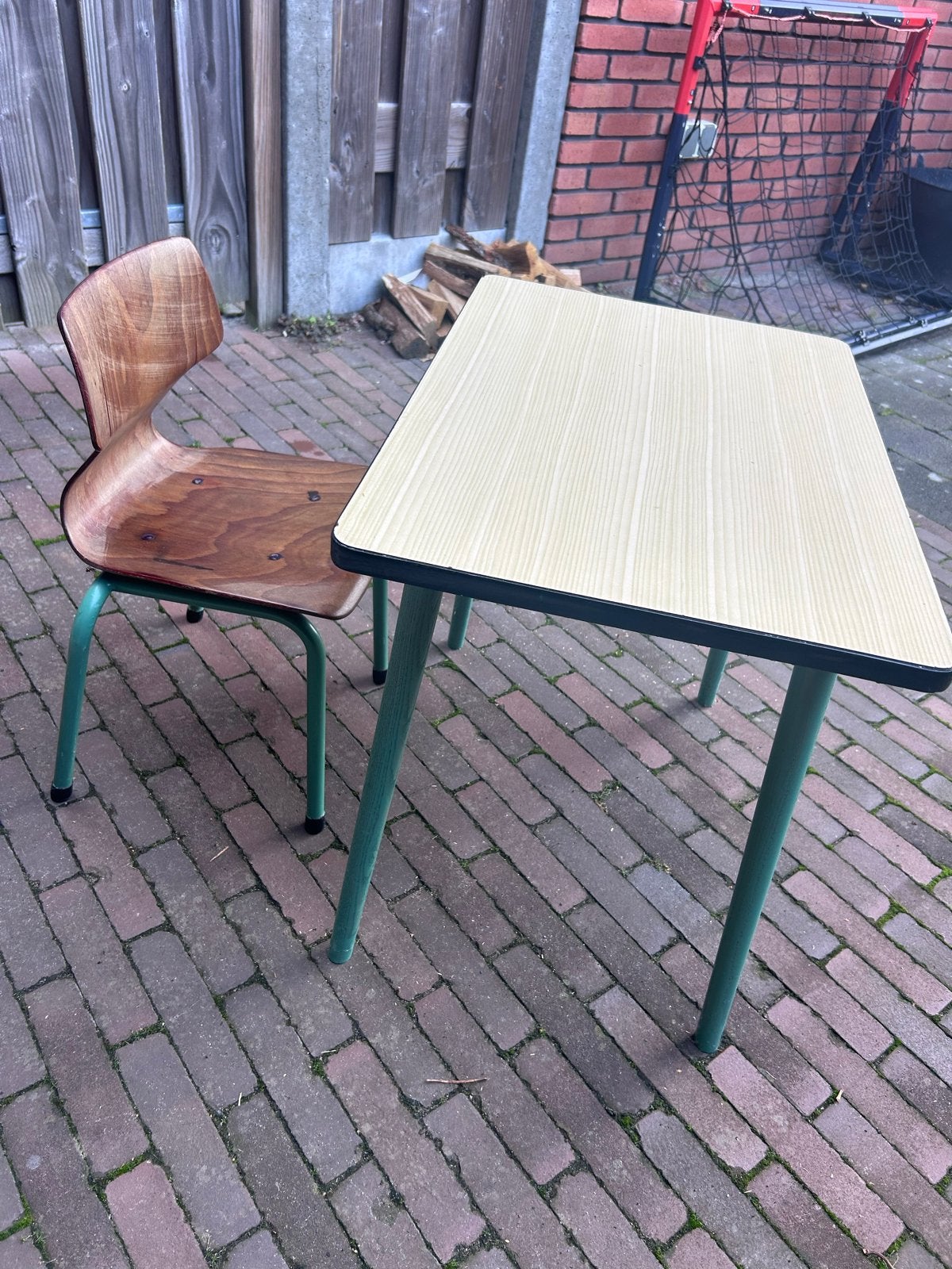 Vintage kinderbureau met stoel - Groen en hout, Ophalen, Gebruikt