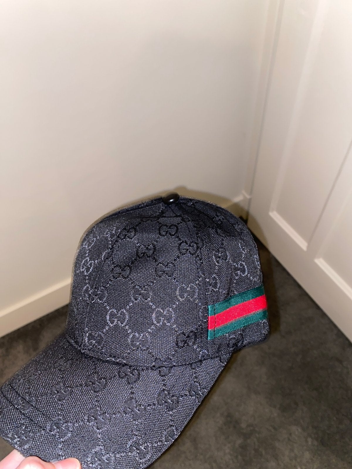 Gucci GG Canvas Baseballpet Zwart met Webdetail, Ophalen of Verzenden, Zo goed als nieuw, One size fits all, Pet