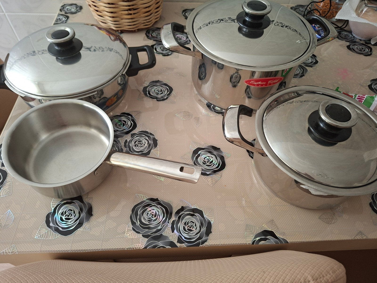 Roestvrijstalen pannenset met deksels, Huis en Inrichting, Gebruikt, Pannenset, Ophalen of Verzenden, Rvs