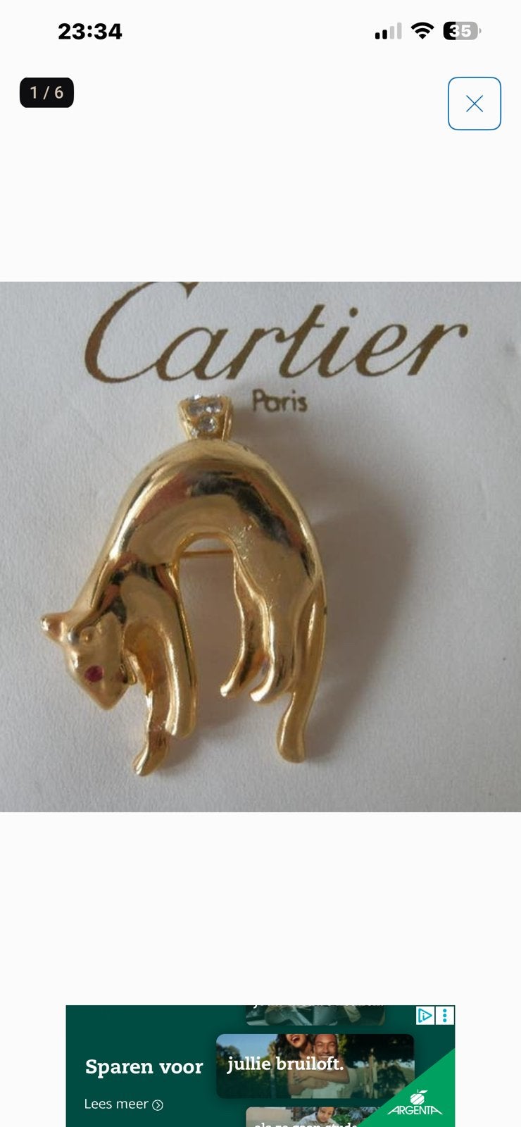Broche panter naar Cartier, Ophalen of Verzenden, Zo goed als nieuw, Goud, Overige materialen