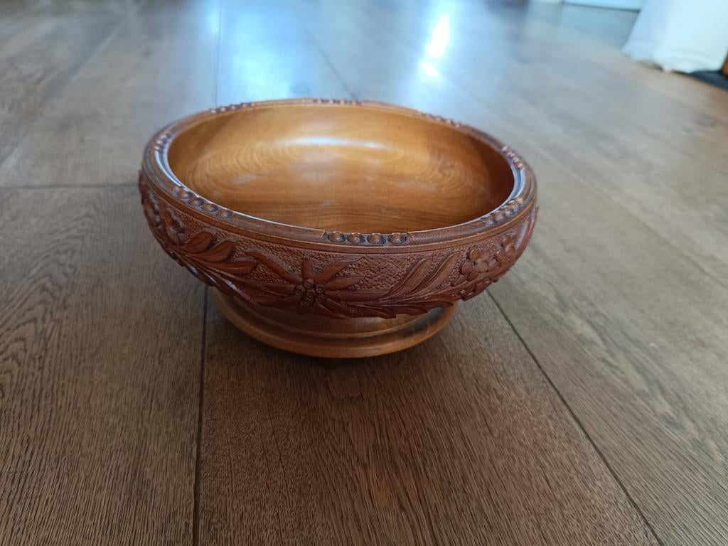 Antieke houten muziekdoos kom met houtsnijwerk, Ophalen of Verzenden