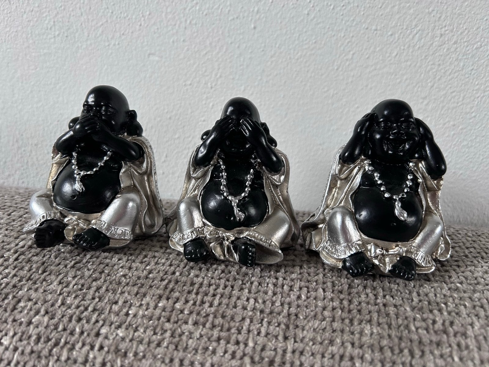 Set van 3 Boeddha beeldjes: Horen, Zien, Zwijgen, Zwart, Ophalen of Verzenden, Zo goed als nieuw, Composieten