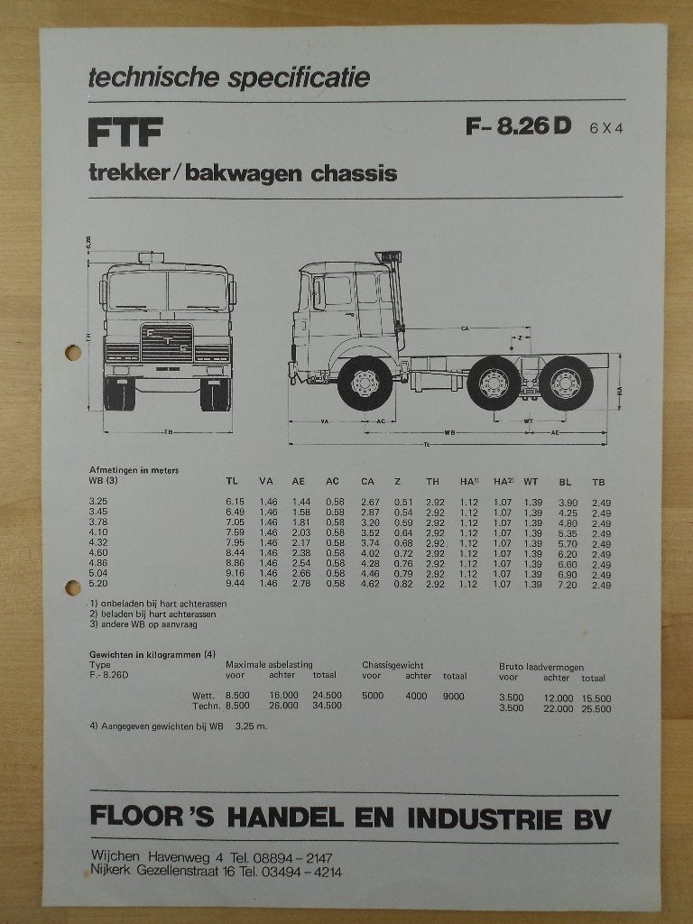 FTF F-8.26D 6x4 ca 1978 Technische Specificatie Brochure, FTF, Ophalen of Verzenden, Zo goed als nieuw, Overige merken