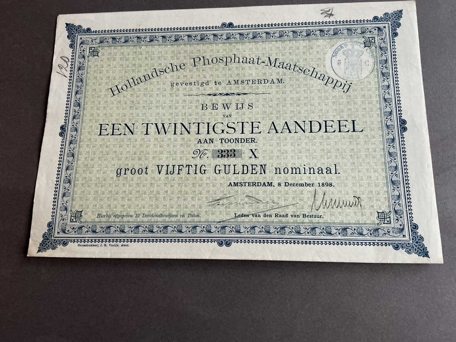 Oud aandeel Hollandsche Phosphaten-Maatschappij 1898, Verzenden, Voor 1920, Aandeel