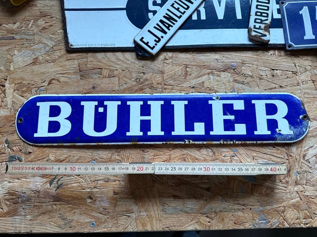 Vintage geëmailleerd bord "Bühler", Ophalen of Verzenden