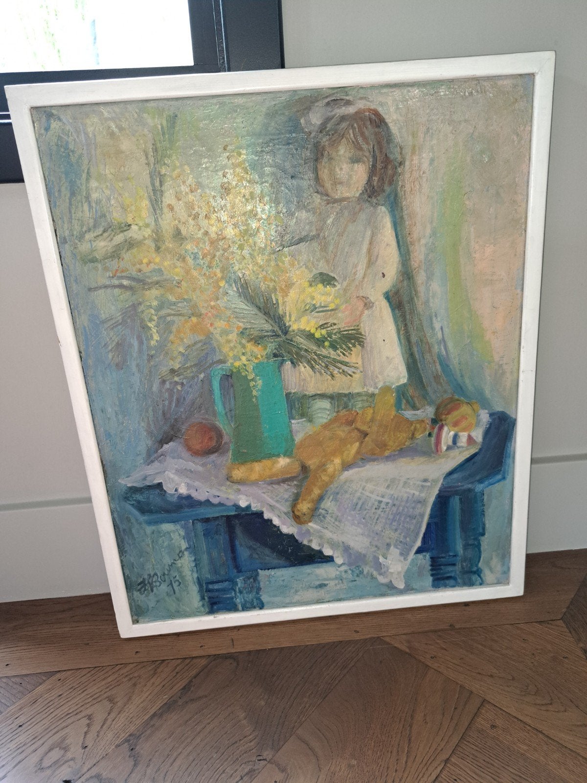 Schilderij Hannie/Hans Bouman '75: Kind, speelgoed en bloeme, Antiek en Kunst, Ophalen of Verzenden