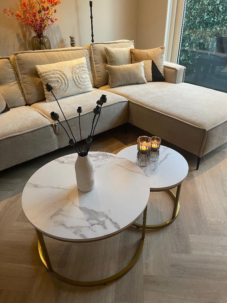 Salontafel Rond Goud met Marmer Look 70ø &50ø