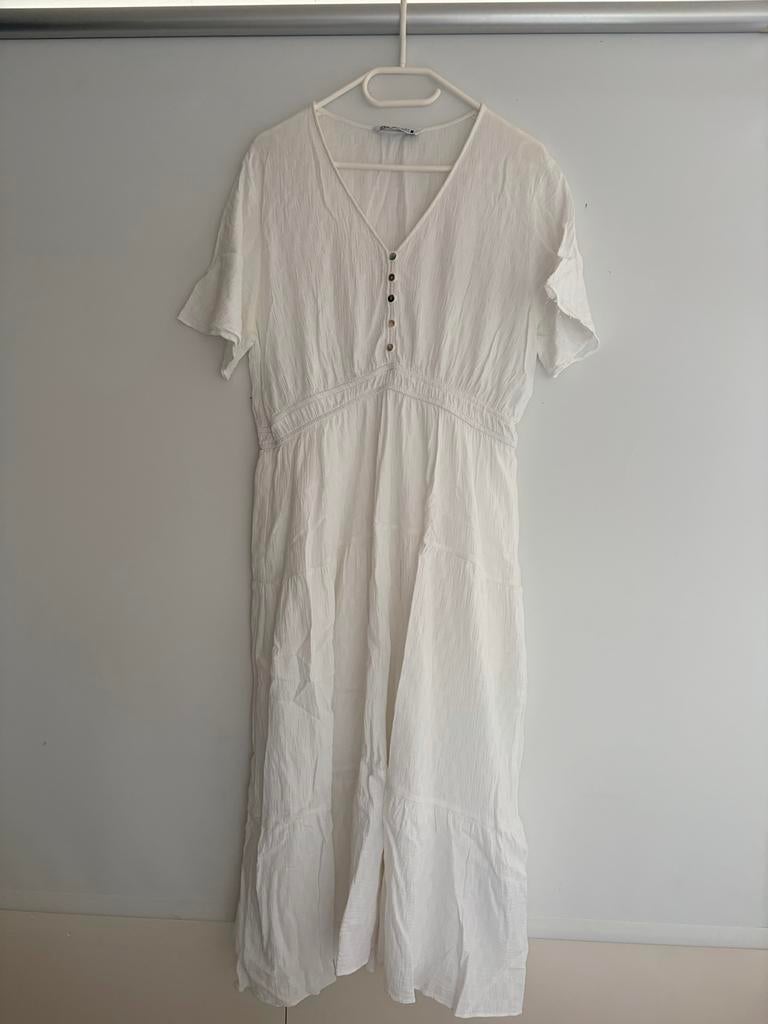 Witte Zara midi jurk met knoopjes, Wit, Maat 42/44 (L), Ophalen of Verzenden, Zo goed als nieuw
