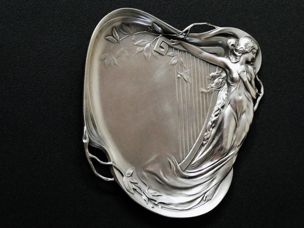 Jugendstil visitekaartjeshouder vide poche jongedame harp, Ophalen of Verzenden