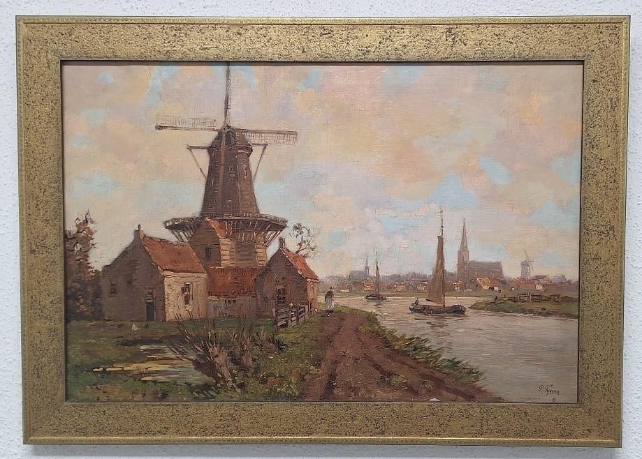 Riviergezicht met molen en stad door P. Tijssen, Antiek en Kunst, Kunst | Schilderijen | Klassiek, Ophalen of Verzenden