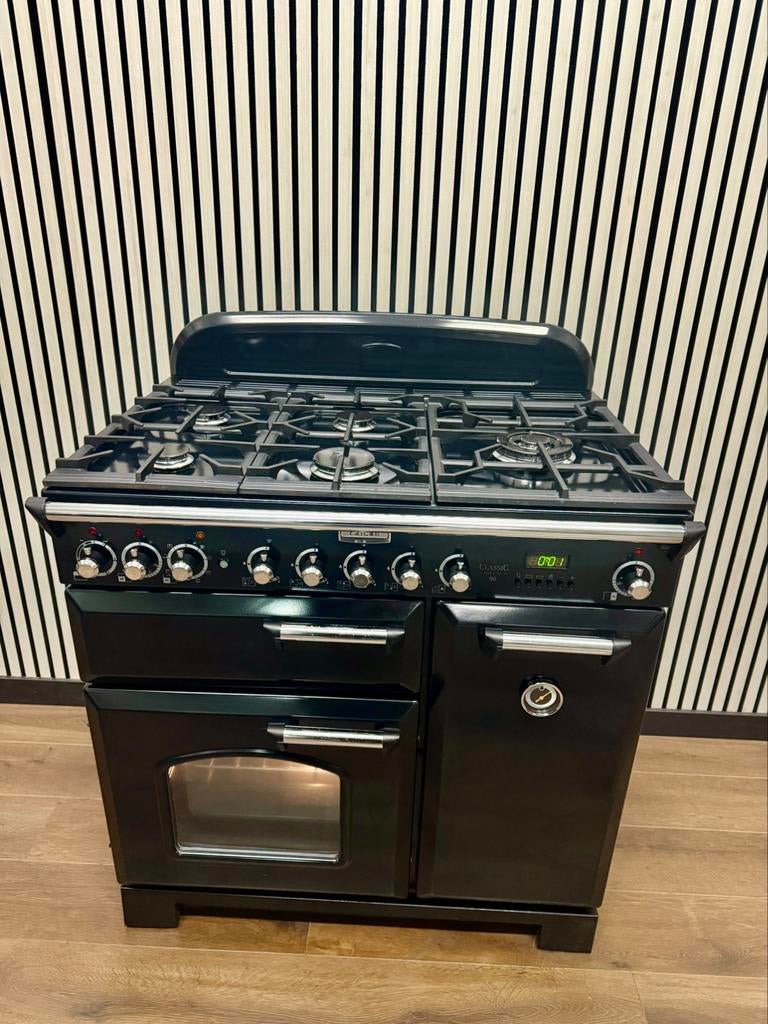 Luxe Falcon Classic de Luxe 5 pits + 3 ovens zwart 90 cm, Fornello Esperta, Ophalen of Verzenden, Zo goed als nieuw, Energieklasse A of zuiniger