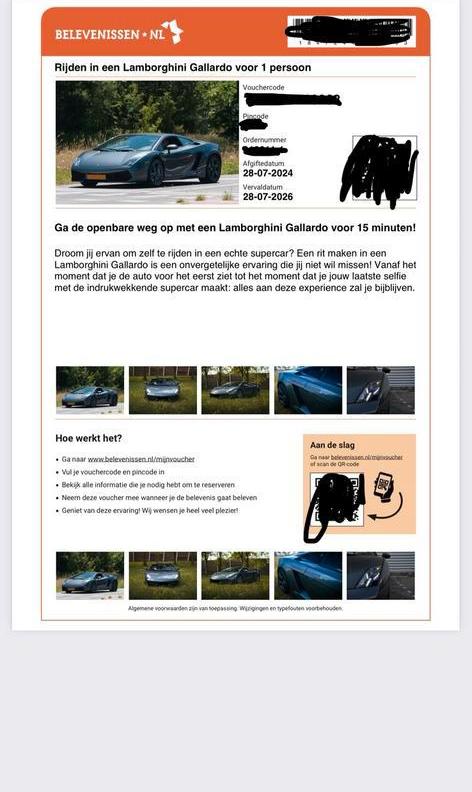 VOUCHER Rijden in een Lamorghini Gallardo 1 pers, Eén persoon, Ticket of Toegangskaart