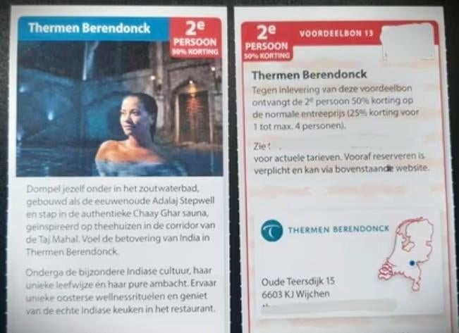 Thermen Berendonck 2e persoon 50% korting, Tickets en Kaartjes, Drie personen of meer, Kortingsbon, Spa of Sauna