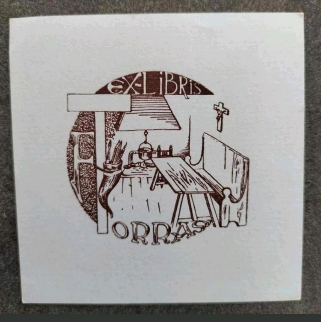 Exlibris Fr. Torras Spanje (kruisbeeld, haard, bank, tafel), Ophalen of Verzenden