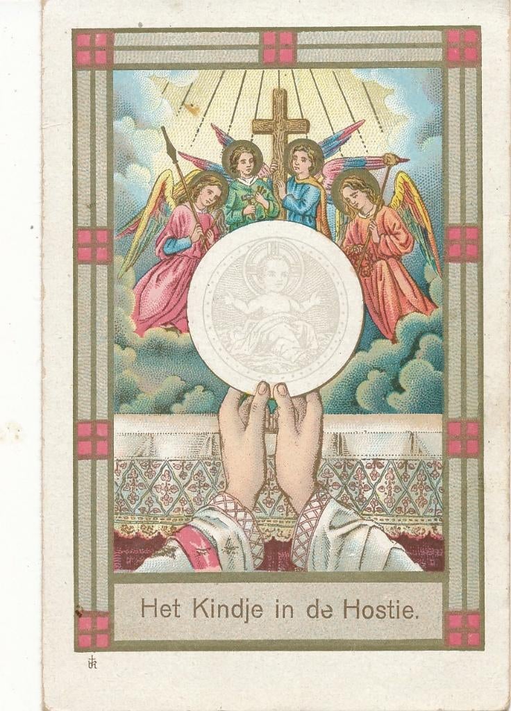 2 Verschillende devotieprentjes Kindje in de Hostie 1886, Verzamelen, Religie, Ophalen of Verzenden, Zo goed als nieuw, Kaart of Prent