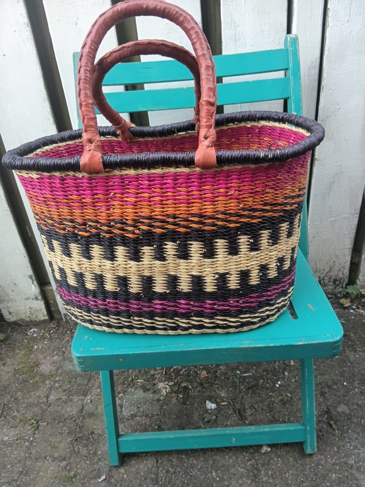 Ghana shopper Bolgatanga 2 leder handvatten oersterk, Ophalen of Verzenden, Nieuw, Ovaal, Overige materialen