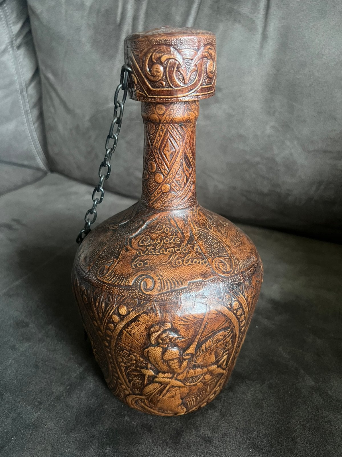 Leren Handgemaakte Cognac Fles Spanje Jaren '70., Antiek en Kunst, Ophalen of Verzenden