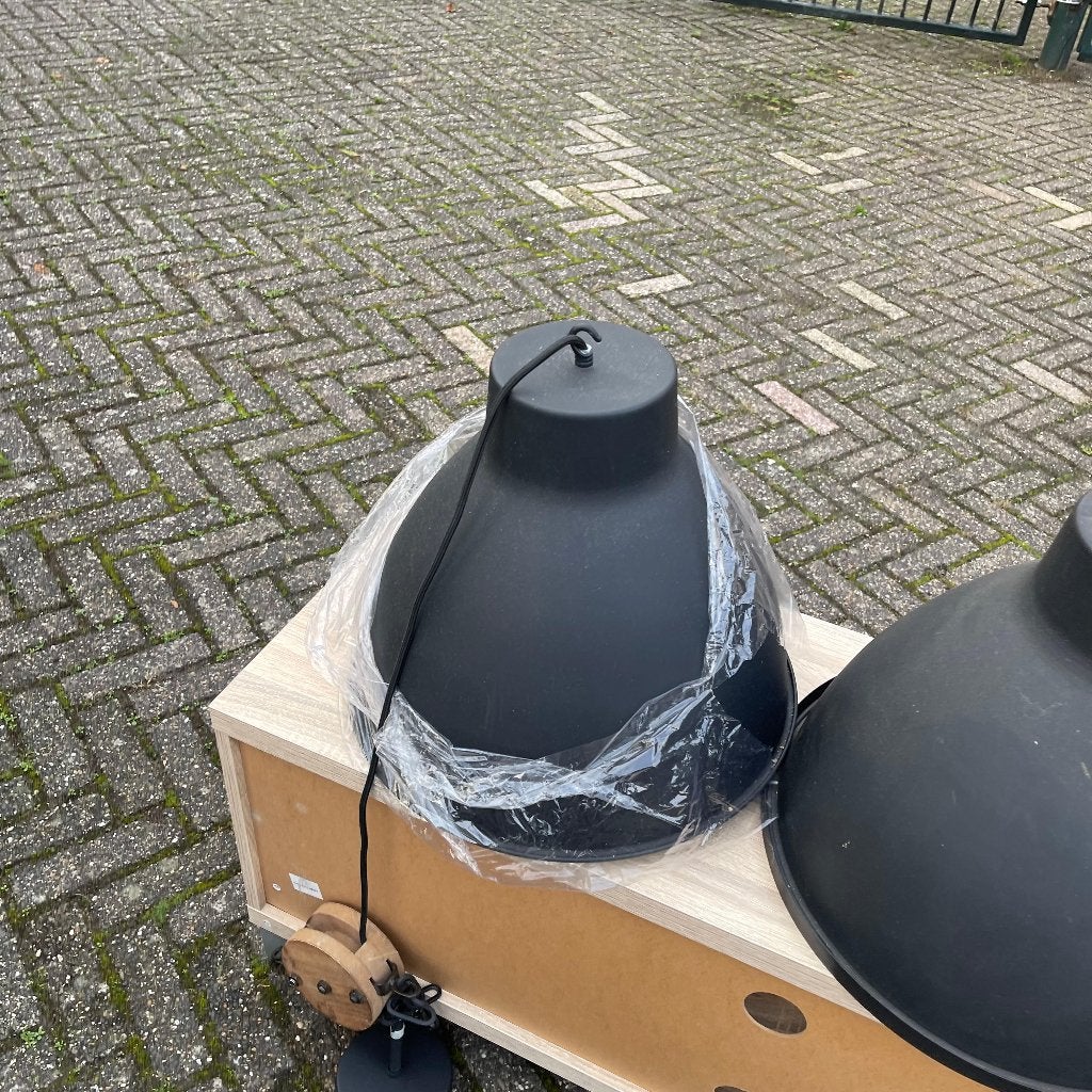 2x Hanglamp Elimo Zwart Mat met Houten Katrol Lamp 40cm, Elimo, Elimo, Elimo, Overige fittingen