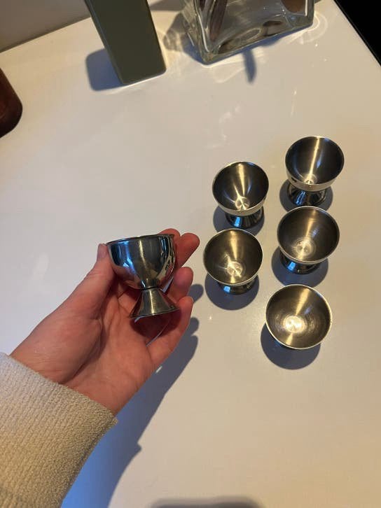 Set van 6 RVS eierdopjes vintage, Zilver, Ophalen of Verzenden, Metaal, Overige merken