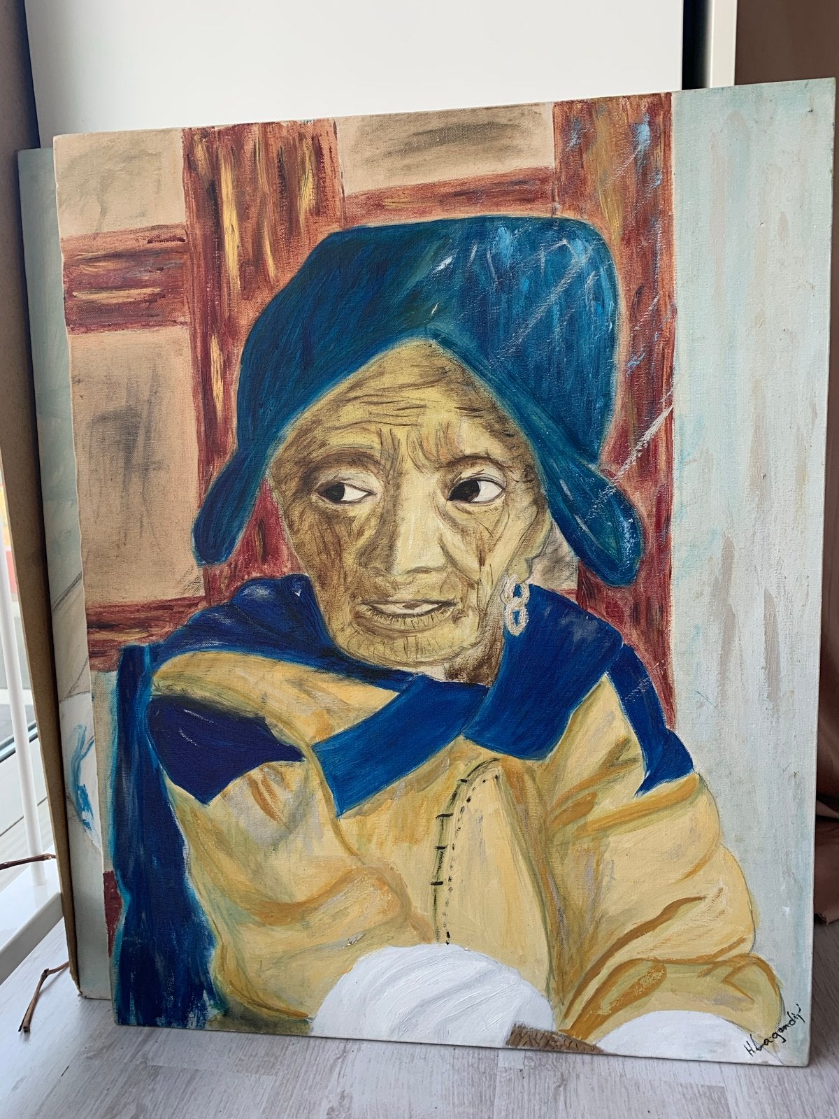 Portret van een oude vrouw - Handgeschilderd, Antiek en Kunst, Ophalen, Portret, Textiel, Gesigneerd