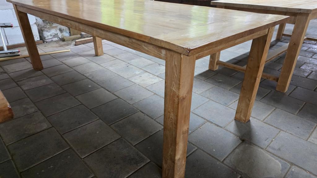 Boerentafel van oud teakhouten wagonvloerdelen - 240 cm, Ophalen, Gebruikt, Onbekend@voorbeeld.com, 200 cm of meer