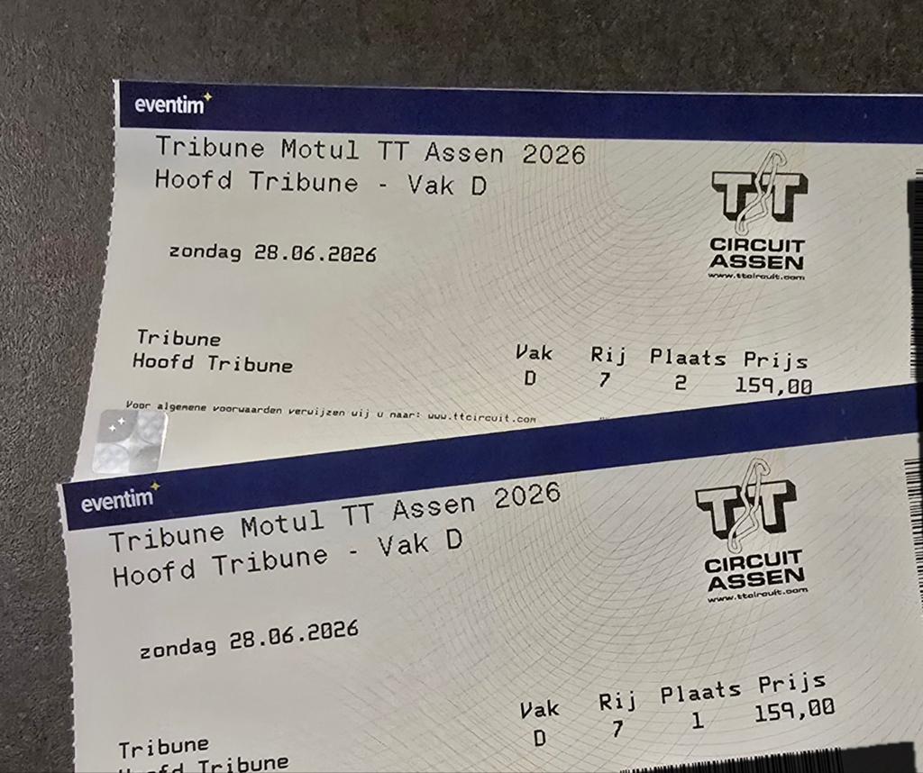 TT Assen tickets Hoofdtribune, Tickets en Kaartjes, Twee personen