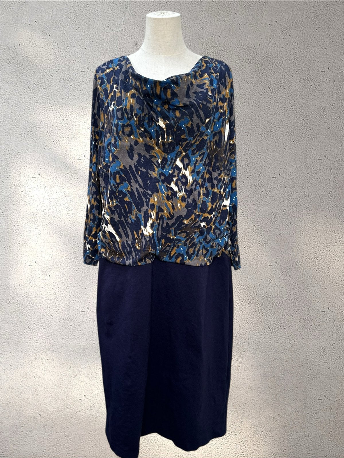 Mayerline jurk met dierenprint en effen rok, Kleding | Dames, Jurken, Zo goed als nieuw, Maat 46/48 (XL) of groter, Blauw, Knielengte