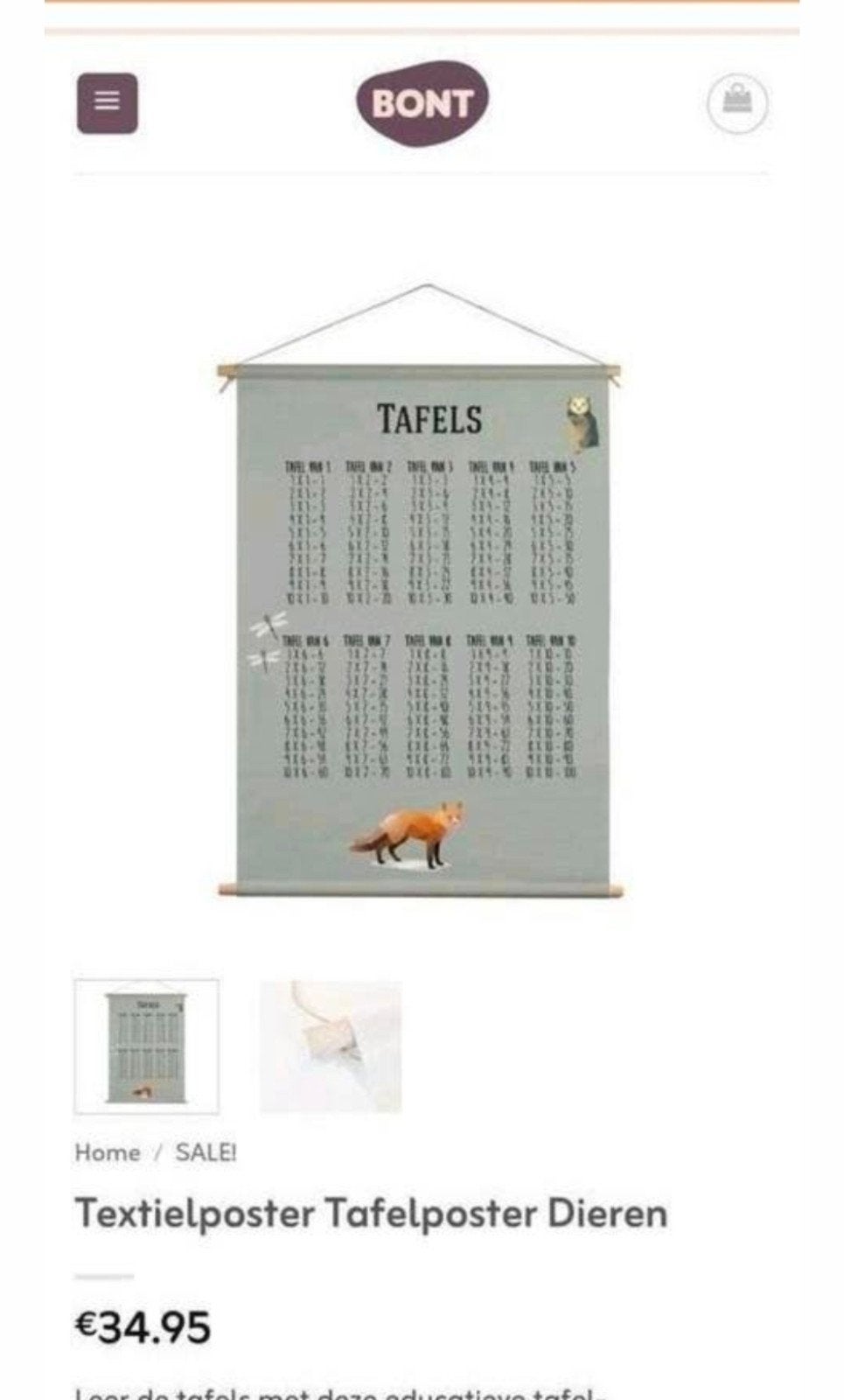 Textielposter tafelposter dieren tafels bont wanddecoratie, Ophalen of Verzenden, Zo goed als nieuw, Wanddecoratie, Ophangbaar