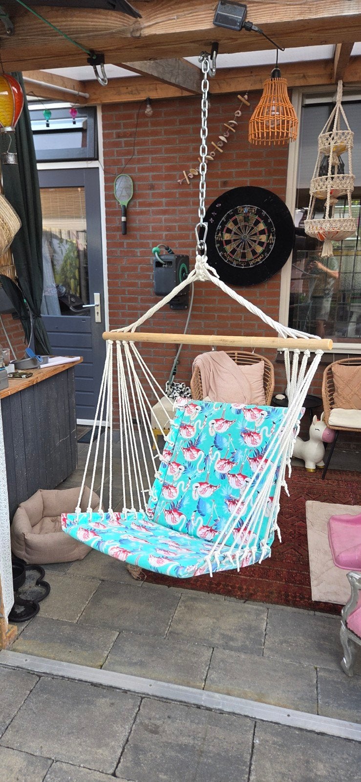 Hangstoel met flamingo kussen - Zo goed als nieuw, Tuin en Terras, Ophalen of Verzenden, Zo goed als nieuw, Eenpersoons, Binnen