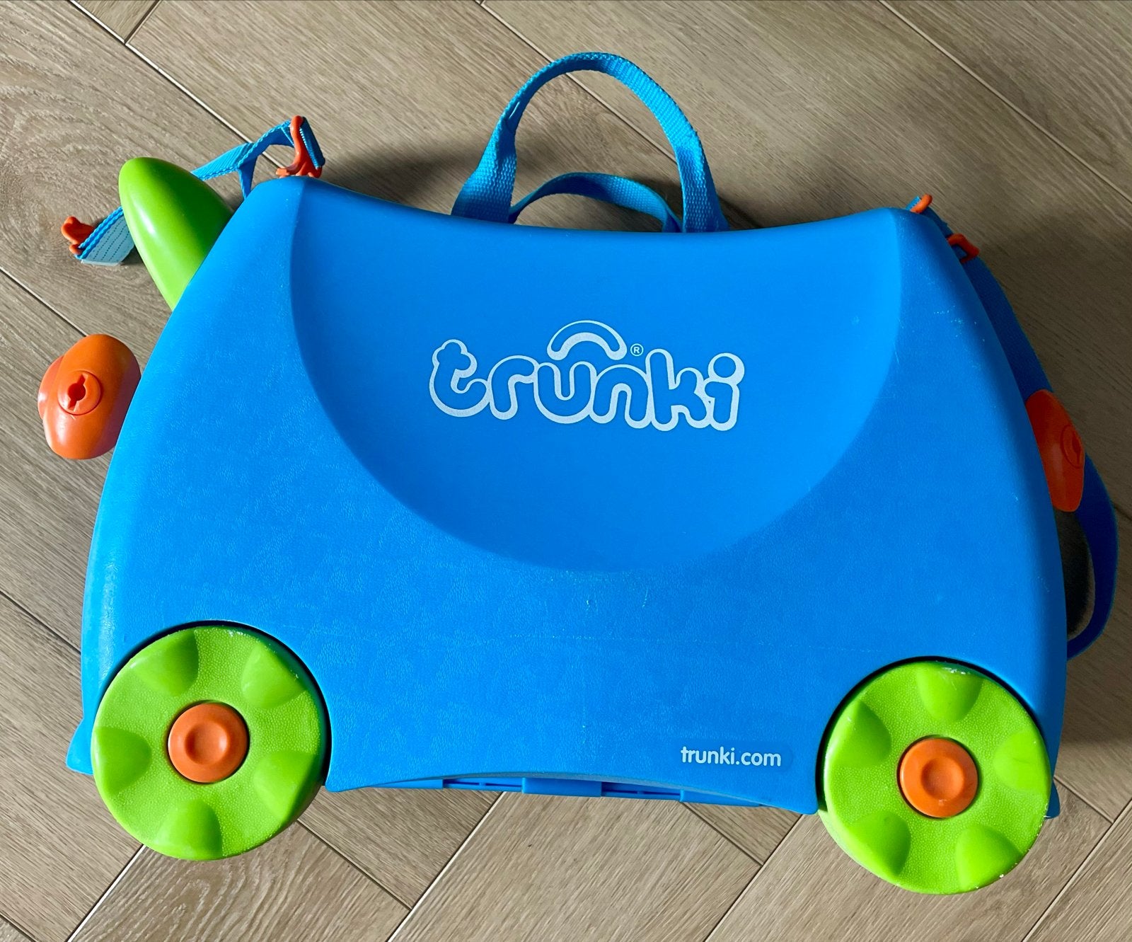 Trunki Kinderkoffer Blauw met Groene Wielen, Ophalen, Gebruikt