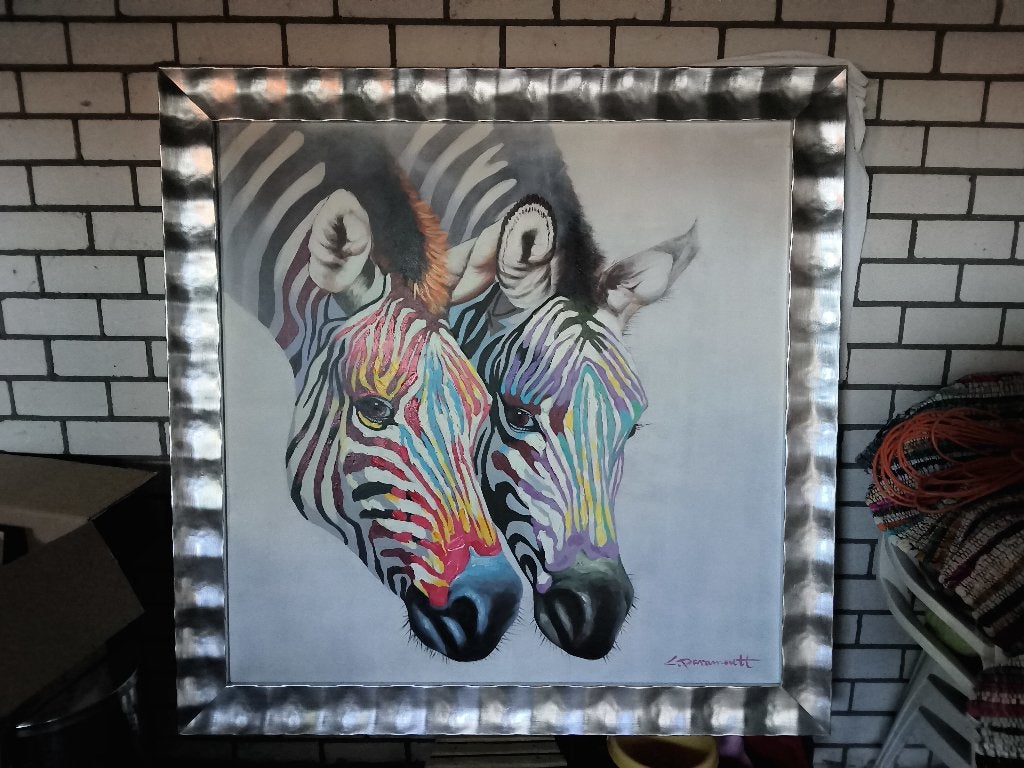 Origineel  Kleurig Schilderij met Zebra's, Ophalen, 125 cm of meer, Zo goed als nieuw, Schilderij