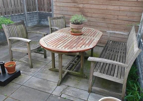 Teakhouten tuinset met tafel, bank en stoelen, Ophalen of Verzenden, Gebruikt, Teakhout, Bank