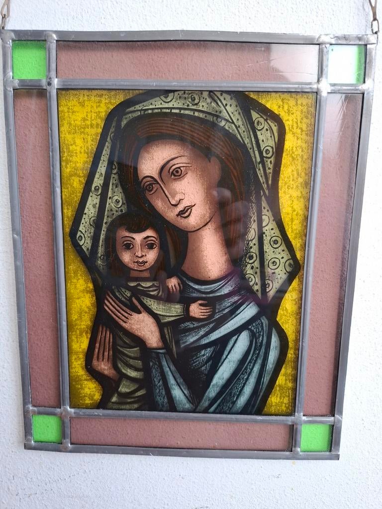 Glas-in-lood paneel Maria met kind, Antiek en Kunst, Ophalen