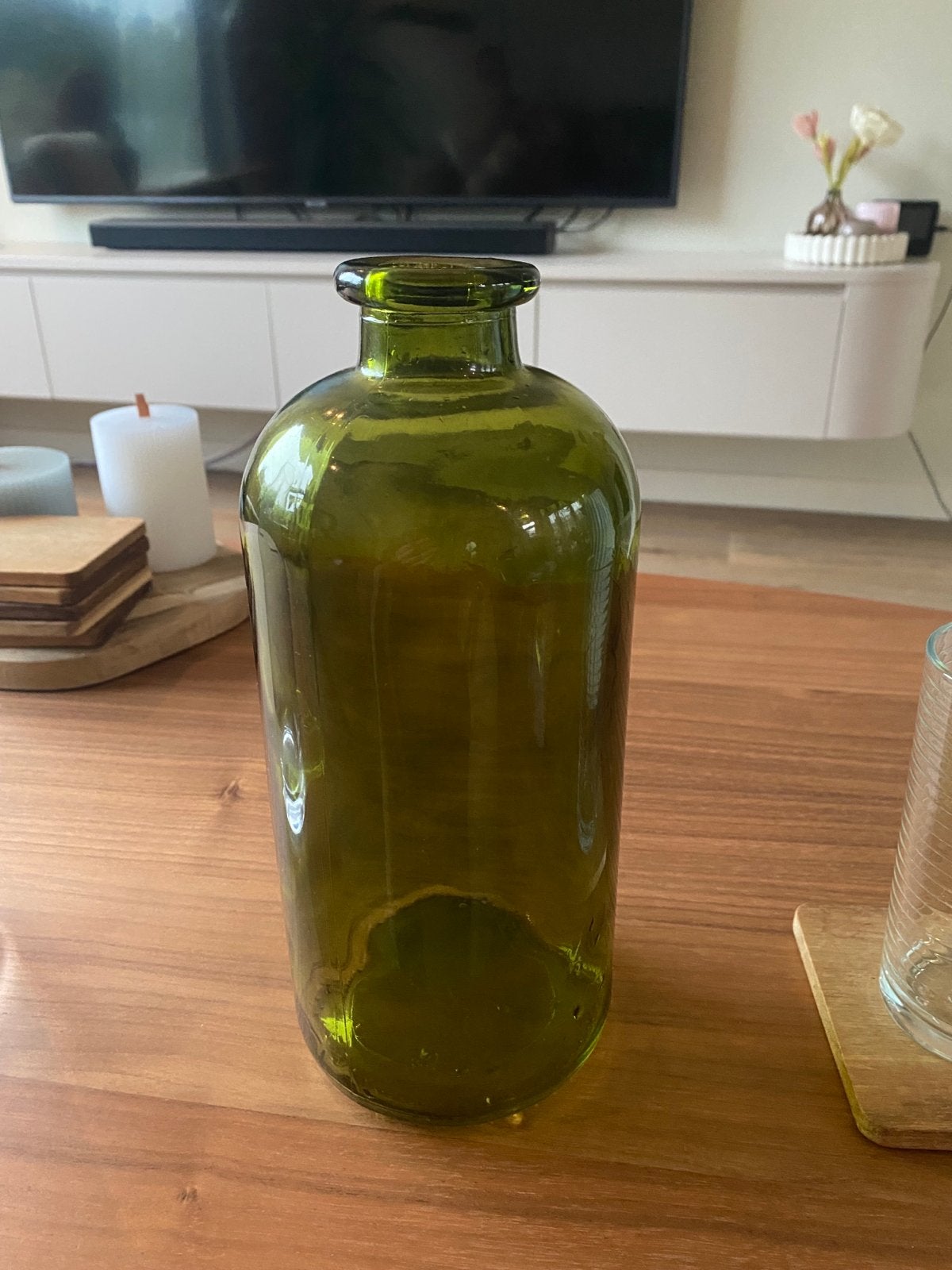 Decoratieve groene glazen fles - 20 cm hoog, Ophalen of Verzenden