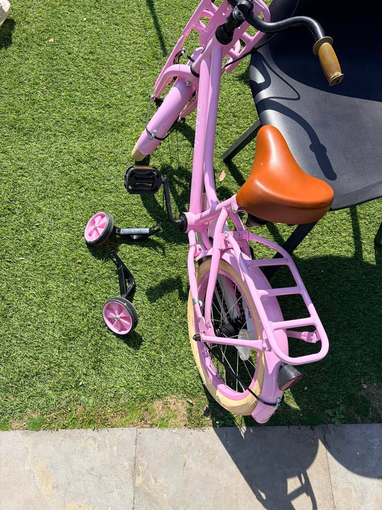 16 inch kinderfiets roze, 4-6 jaar, terugtraprem + voorrem, Terugtraprem, Zijwieltjes, Ophalen of Verzenden, 16 tot 20 inch