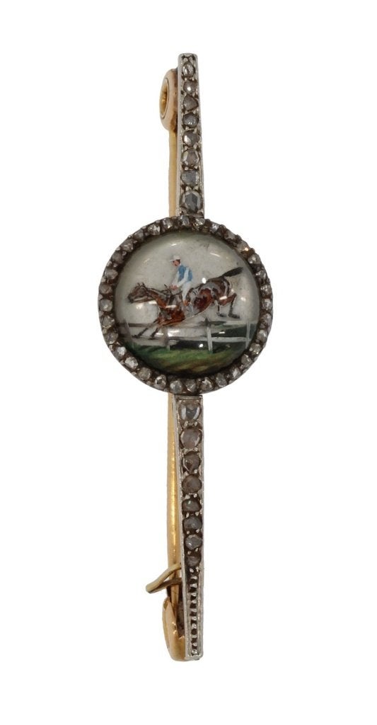 Jockey te paard intaglio diamanten 18k broche goud platina, Ophalen of Verzenden, Goud, Broche, Met edelsteen