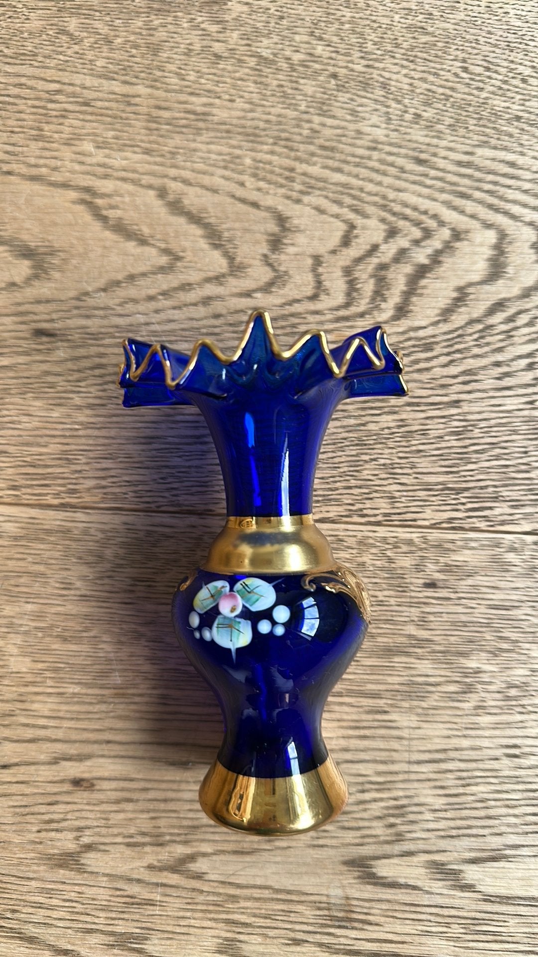 Hand beschildert blauw bohemian vaas vaasje czech republic, Ophalen of Verzenden