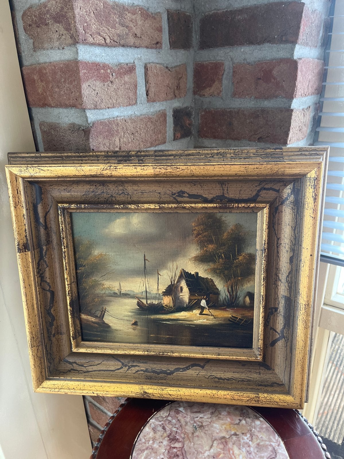 Vintage Schilderij: Landschap met Water en Huisje, Antiek en Kunst, Doek, Ophalen of Verzenden, Gesigneerd, Landschap