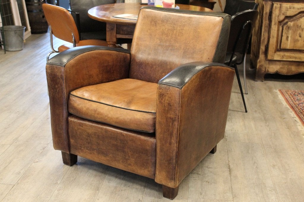 Brocante - Zeer stoere leren relax-fauteuil!, Huis en Inrichting, Ophalen, Gebruikt, Landelijk rustiek, 75 tot 100 cm