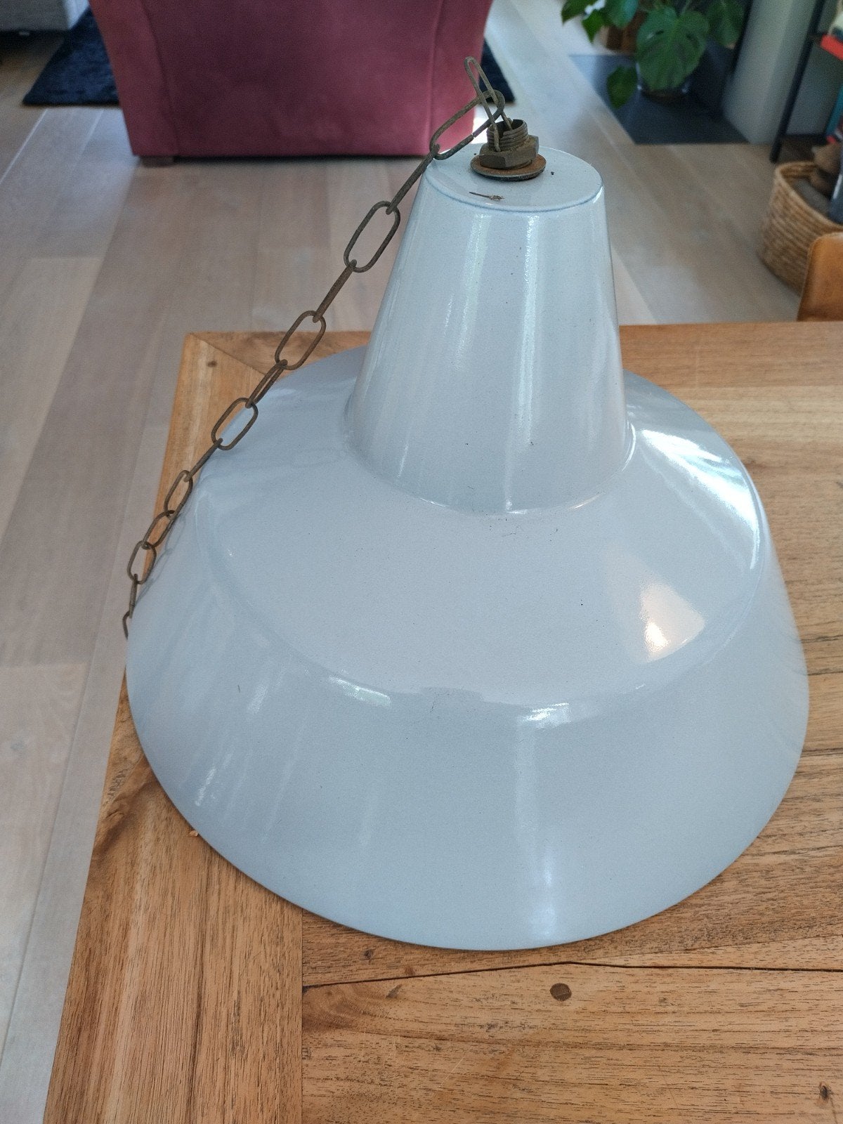 Vintage industriële hanglamp - lichtgrijs emaille, Antiek en Kunst, Ophalen