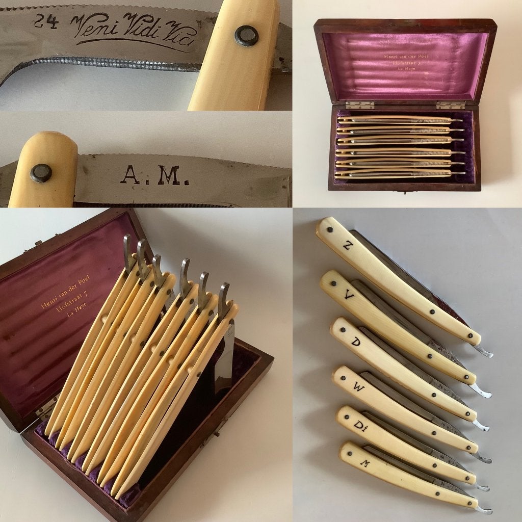 Antieke set scheermessen in kist 6 dagen Solingen Aug Müller, Antiek en Kunst, Ophalen of Verzenden