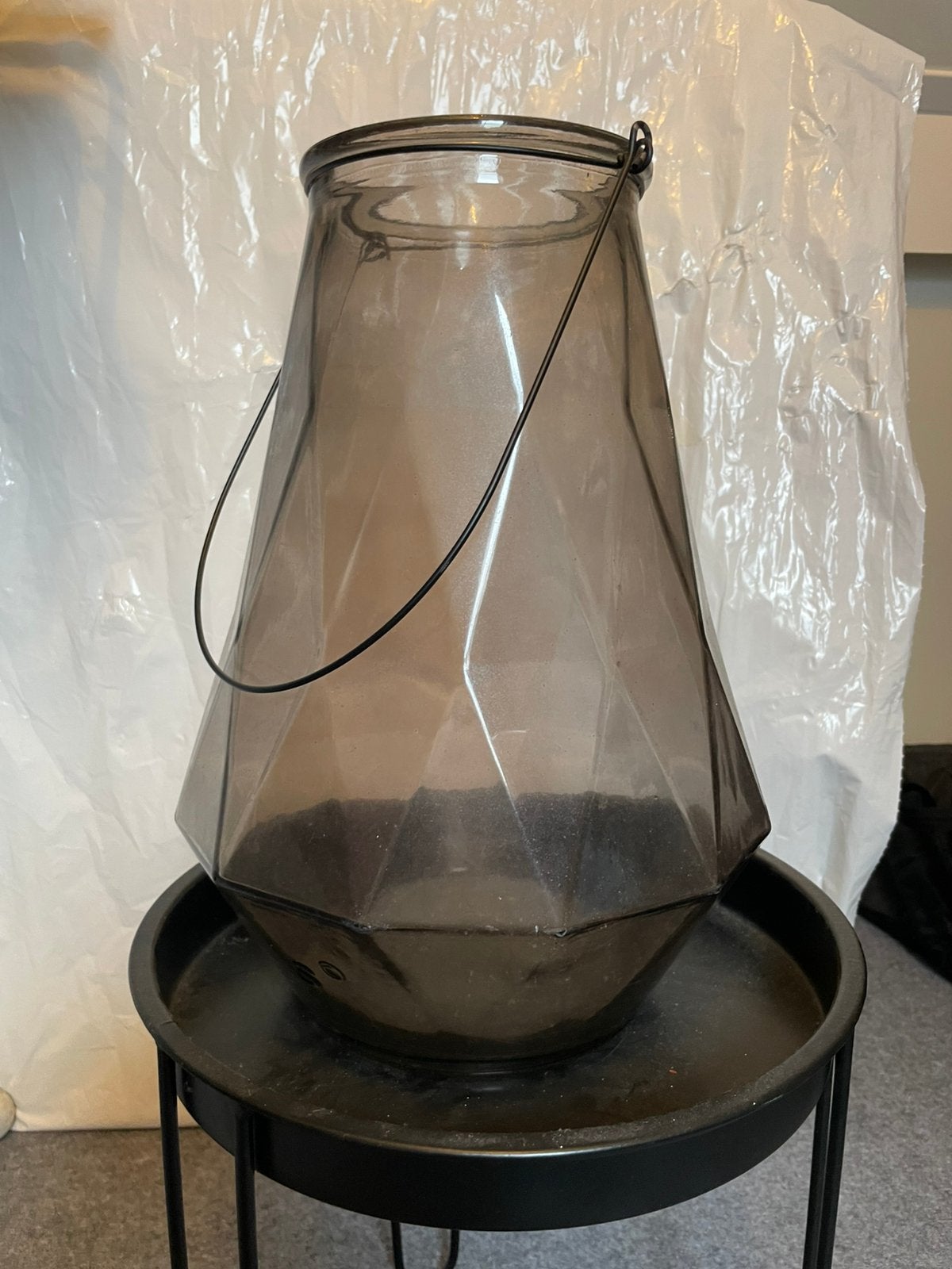 Glazen lantaarn/windlicht met handvat, Ophalen, Gebruikt, Zwart, Glas