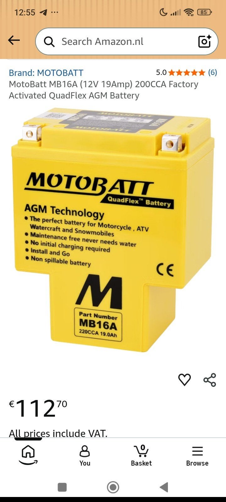MotoBatt MB16A QuadFlex AGM Accu 12V 19Ah 200CCA, Ophalen, Nieuw